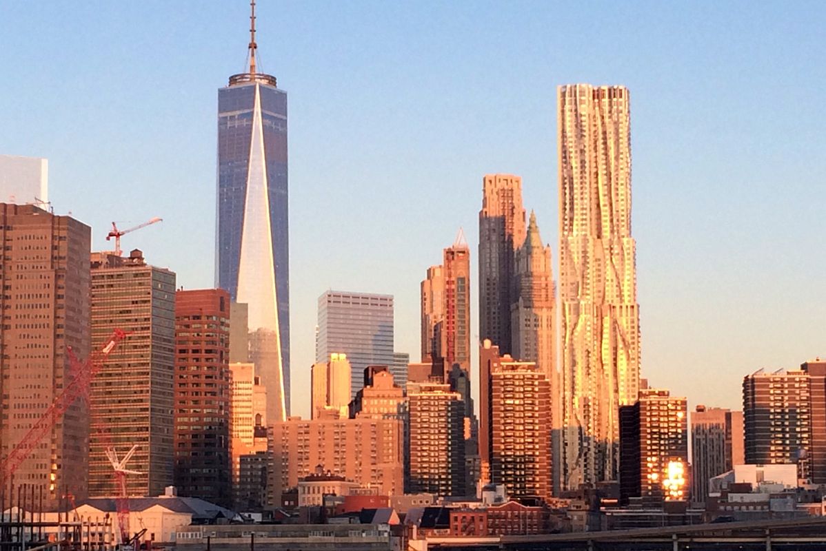 12 New York Financial District One World Trade Center, Woolworth Building, New York by Gehry At Sunrise From Brooklyn Heights